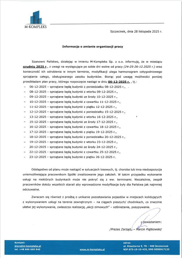 Zmiany terminów sprzątania klatek schodowych XII 2025